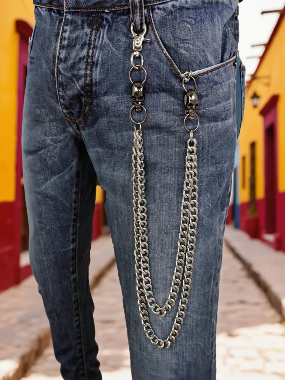 NEW Men’s Silver Skull Jeans Chain, 2 Strand Wallet Chain for Pants Handmade USA